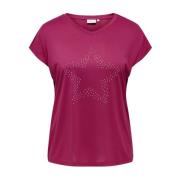 V-hals T-shirt met Stud Detail Only Carmakoma , Red , Dames