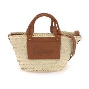 Raffia Panier Tas met Leren Logo Castañer , Beige , Dames