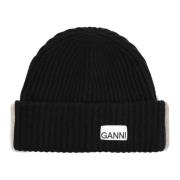 Zwarte Oversized Wol Rib Beanie Ganni , Black , Dames