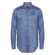 Elegant Blauw Langarm Flax Shirt Giorgio Armani , Blue , Heren