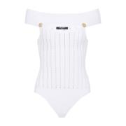 Geribbeld Off-Shoulder Wit Body Balmain , White , Dames