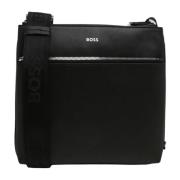 Zwarte leren schoudertas met rits Hugo Boss , Black , Heren