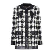 Houndstooth Wollen Jas met Leren Details Dolce & Gabbana , Black , Dam...