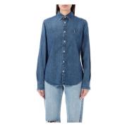 Blauwe Denim Overhemd met Logo Borduursel Ralph Lauren , Blue , Dames