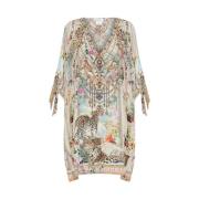 Luipaardprint Zijden Kaftan met Strikmouwen Camilla , Beige , Dames