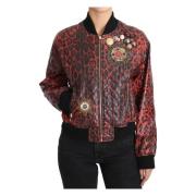 Rode Luipaard Bomber Leren Jas met Kristalknopen Dolce & Gabbana , Red...