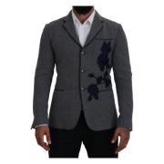 Elegante grijze wollen blazer met blauwe rozenborduursel Dolce & Gabba...