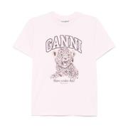 Leopard Logo Pink T-shirt Ganni , Pink , Dames