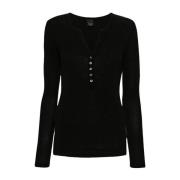 Zwarte V-hals Sweater Love Birds Geborduurd Pinko , Black , Dames