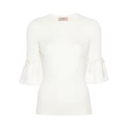 Witte Geribbelde Trui met Gerimpelde Details Twinset , White , Dames