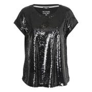 Pailletten Mouwloos Ronde Hals T-shirt Frapp , Black , Dames