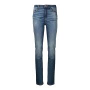 Slim Fit Denim Jeans met Leren Logo Emporio Armani , Blue , Dames