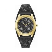 Zwarte Leren Quartz Analoge Horloge Guess , Black , Dames