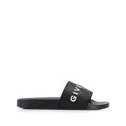 Zwarte Logo Slides Platte Rubberen Sandalen Givenchy , Black , Dames