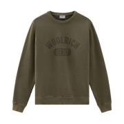 Groene Katoenen Trui Lange Mouw Logo Woolrich , Green , Heren