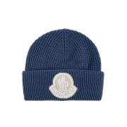 Blauwe Logo Patch Beanie Hoed Moncler , Blue , Unisex