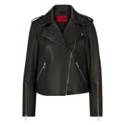 Asymmetrische Leren Bikerjas Hugo Boss , Black , Heren