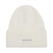 Roomkleurige Wollen Baret met Witte Patch Emporio Armani , White , Uni...