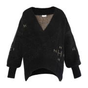 V-Neck Sweater Heavy Knitwear Tops Hést , Black , Dames