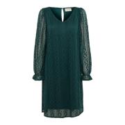 V-hals Jurk met Kantmouwen Cream , Green , Dames