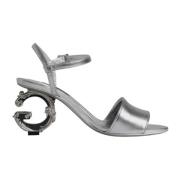 Zilveren leren hakken sandalen met logo Dolce & Gabbana , Gray , Dames