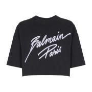 Geknipte T-shirt met flock Letter logo Balmain , Black , Dames