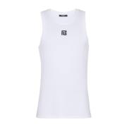 Wit Jersey Geborduurd Logo Mouwloze Top Balmain , White , Heren