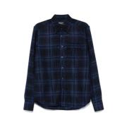 Navy Blue Plaid Shirt Kiton , Blue , Heren