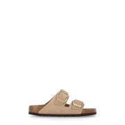 Beige Leren Sandalen Ronde Neus Birkenstock , Beige , Dames