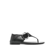 Zwarte Leren Platte Sandalen Saint Laurent , Black , Dames