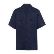 Blauwe Linnen Cubaanse Kraag Shirt Prada , Blue , Heren