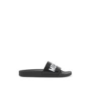 Rubberen slides met logo branding Moschino , Black , Heren