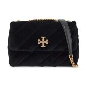 Fluwelen Schoudertas met Kristal Dubbel T Tory Burch , Black , Dames