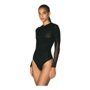 Geplooide Bodysuit met Lange Mouwen en Semi-Transparant Mugler , Black...