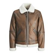 Aviator Leren Jas met Teddy Fleece Jack & Jones , Brown , Heren