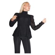 Gestippelde Peplum Blouse met Pofmouwen Cras , Black , Dames