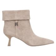 Beige Velours Enkellaarsjes met Lage Hak voor Dames Estro , Beige , Da...