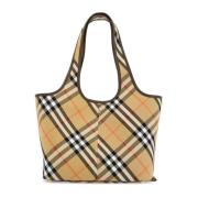 Geruite Tote Tas met Leren Afwerking Burberry , Beige , Dames