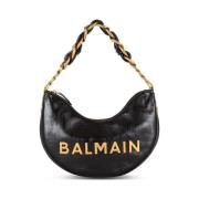 Zwarte leren schoudertas met goudkleurig logo Balmain , Black , Dames