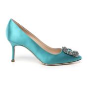 Blauwe Satijnen Kristal Gesp Hakken Manolo Blahnik , Blue , Dames