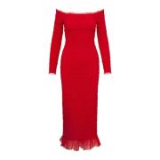 Smocked Tulle Midi Jurk met Ruches Loveshackfancy , Red , Dames