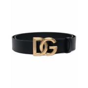 Zwarte Kalfsleren Riem met Gouden Logoplaat Dolce & Gabbana , Black , ...