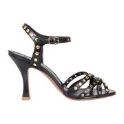 Zwarte leren studs sandalen ReLac , Black , Dames