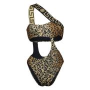 Luipaardprint One Shoulder Badpak Versace , Brown , Dames