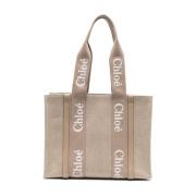 Beige Canvas Tote met Leren Afwerking Chloé , Beige , Dames