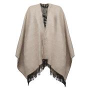 Omkeerbare Beige Jacquard Cape met Franje V73 , Beige , Dames