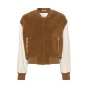 Shearling Color-Block Baseball Jack Closed , Brown , Dames