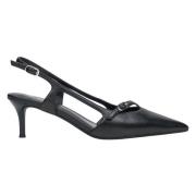 Zwarte leren slingback lage hak pumps voor dames Estro , Black , Dames