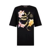 T-shirt met slangen- en bloemenprint en ronde hals Roberto Cavalli , B...