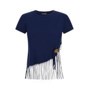 Fringed Crew-neck T-shirt met Medaillon Roberto Cavalli , Blue , Dames